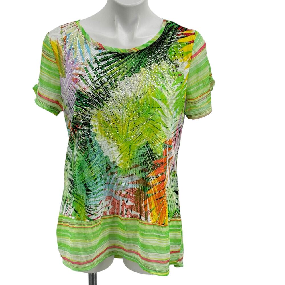 Onque Casuals Tropical Glitzy Top Tee XL Women's Green Rhinestone Summer Resort